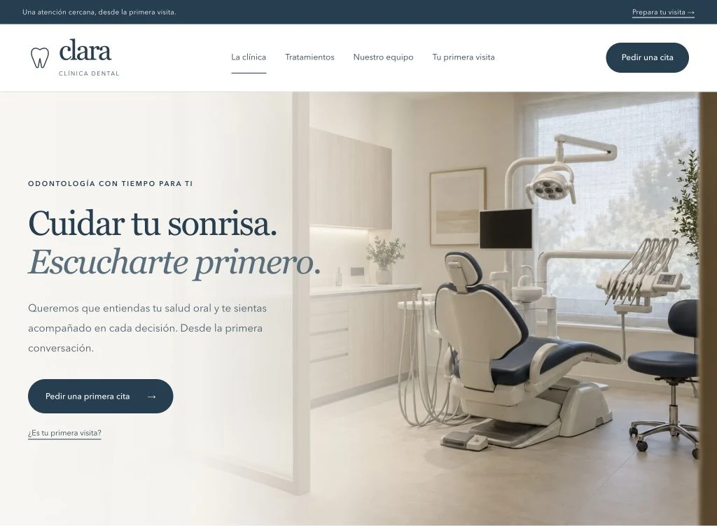 Portada completa de Clara Dental, con consulta luminosa y titulares azul tinta.